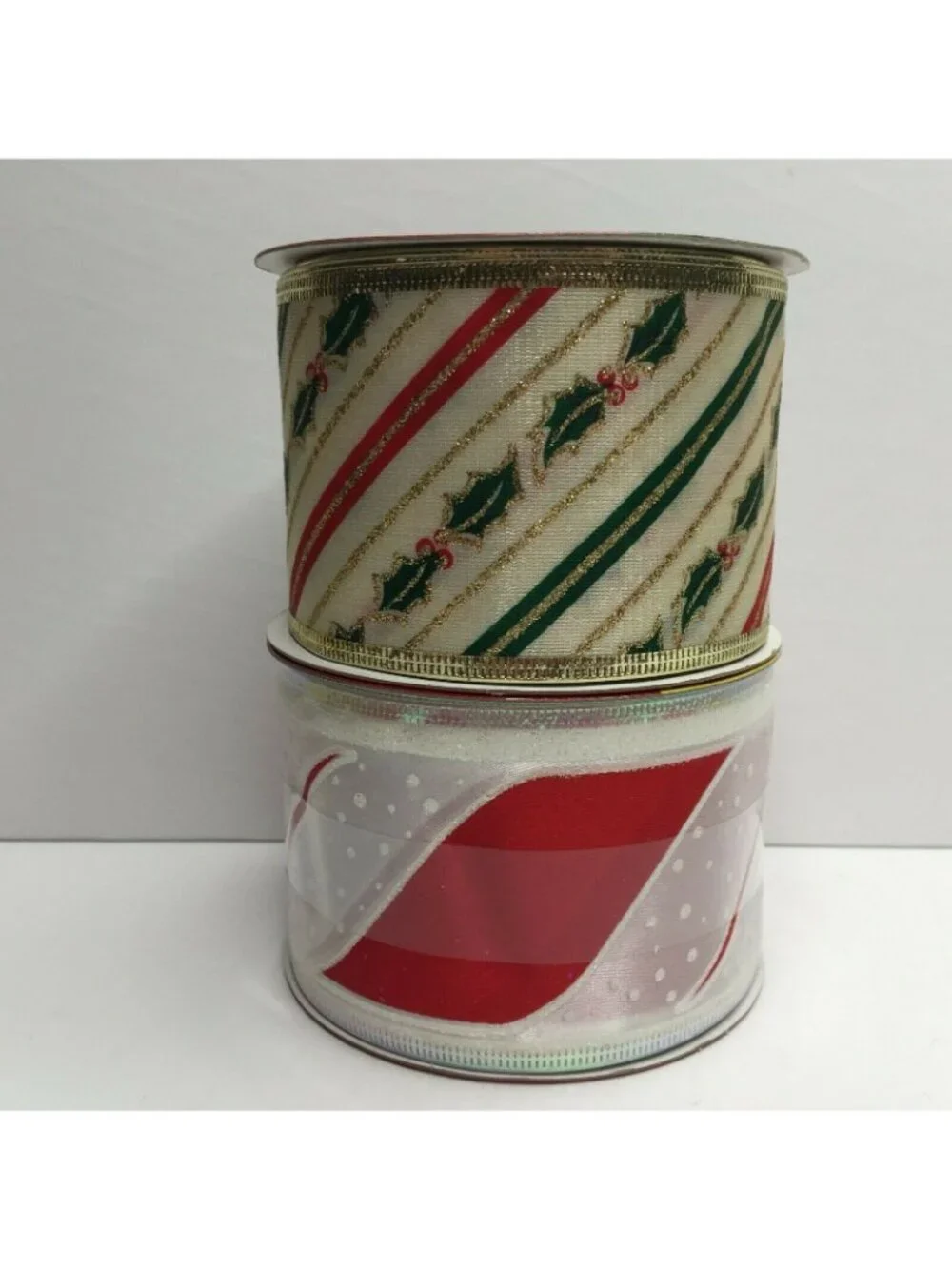 Santas Workshop Candy Cane Green Holly Striped Craft Ribbon Christmas Wreath 2.5